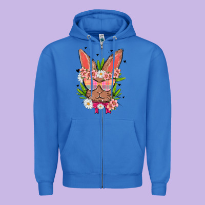 Bunny With Floral Zipper Hoodie Designed By Maliassmallbusiness