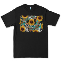 Black western sunflowers turquoise cowhide background Premium Tee - RanaPortraitStore