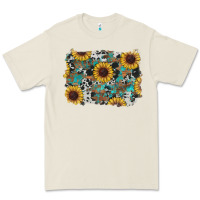 Western Sunflowers Turquoise Cowhide Background Premium Tee | Teevron