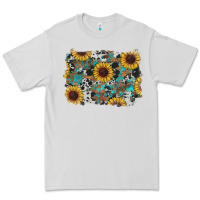 Dove Grey western sunflowers turquoise cowhide background Premium Tee - RanaPortraitStore
