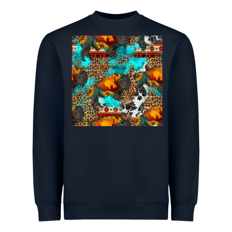 Western Sunset Bison And Sunflowers Seamless Pattern Heavyweight Sweatshirt by HRA Design Shop | Teevron