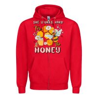Red she works hard for the honey Zipper Hoodie - MaliasSmallBusiness