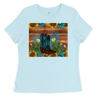 Baby Blue boot cactus sunflower gemstone Ladies Tee - AdoDesignShop