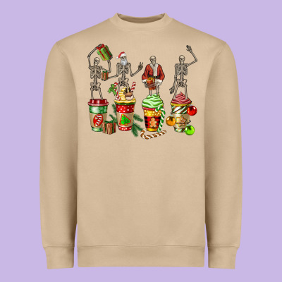 Christmas Skeleton Coffee Cups Heavyweight Sweatshirt Designed By Fadigitalartstudio