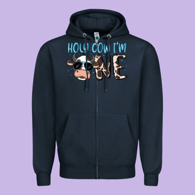 Holy Cow I'm One Zipper Hoodie Designed By Maliassmallbusiness