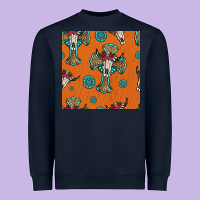 Western Cross And Bull Skull Seamless Pattern Heavyweight Sweatshirt Designed By Hra Design Shop