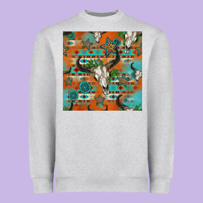 Western Bull Skull Seamless Pattern Heavyweight Sweatshirt Designed By Hra Design Shop