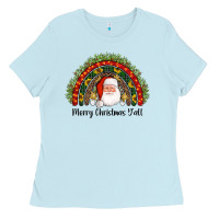 Baby Blue merry christmas y'all santa rainbow Ladies Tee - AdoDesignShop