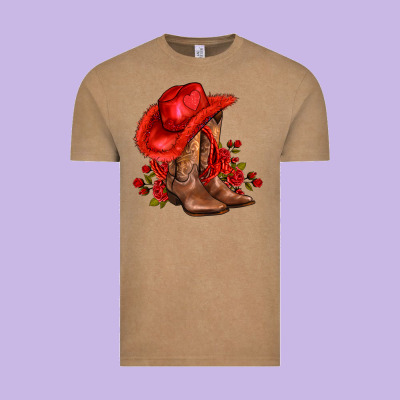 Valentines Day Cowboy Boots Red  And Roses Vintage Tee Designed By Adodesignshop