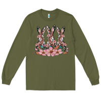 Army Green rabbits with blossom flower Long Sleeve Tee - Artiststas