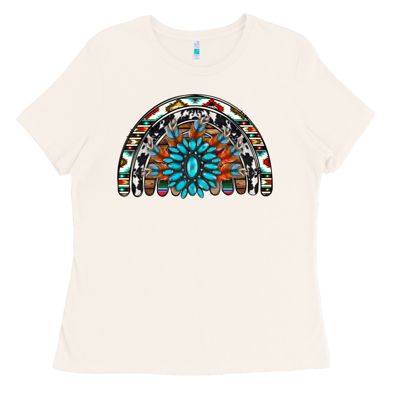 Western Turquoise Aztec Cowhide Serape  Rainbows Ladies Tee by AdoDesignShop | Teevron