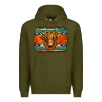 Army Green highland cow western background Premium Hoodie - Jasminsmagicworld