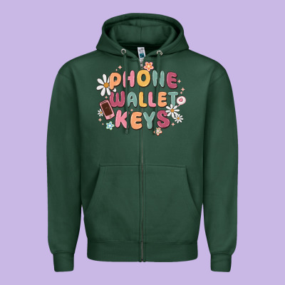 Phone Wallet Keys Zipper Hoodie Designed By Maliassmallbusiness