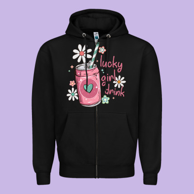 Lucky Girl Drink Zipper Hoodie Designed By Maliassmallbusiness