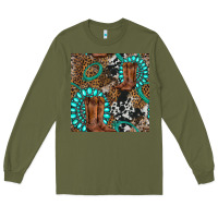 Army Green cowboy boot and gemstone Long Sleeve Tee - BundleAndBundleShop