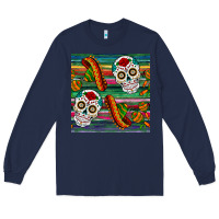 Navy sugar skull seamless pattern Long Sleeve Tee - BundleAndBundleShop