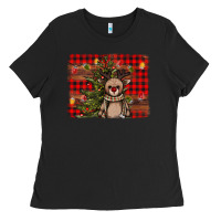 Black reindeer trees background Ladies Tee - AdoDesignShop