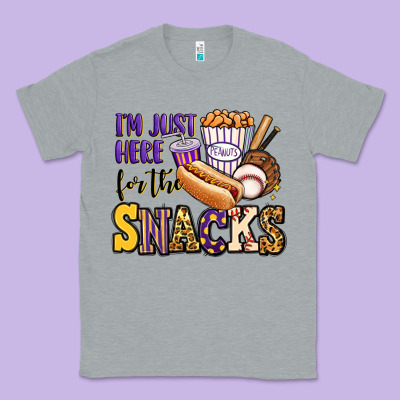 I'm Just Here For The Snacks Baseball Purple And G Classic Tee Designed By Jasminsmagicworld