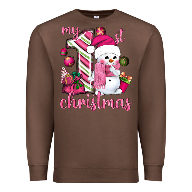 My 1st. Pink Christmas With Cute Snowman Premium Sweatshirt by NancyCooperArtShop | Teevron