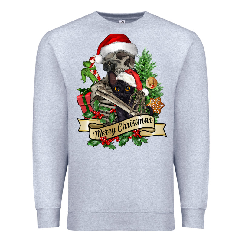 Merry Christmas Skeleton With Black Cat Premium Sweatshirt by NancyCooperArtShop | Teevron