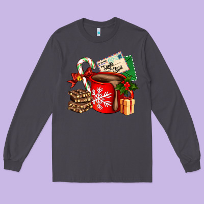 Christmas Hot Chocolate Cup With Gift And Letters Long Sleeve Tee Designed By Adodesignshop