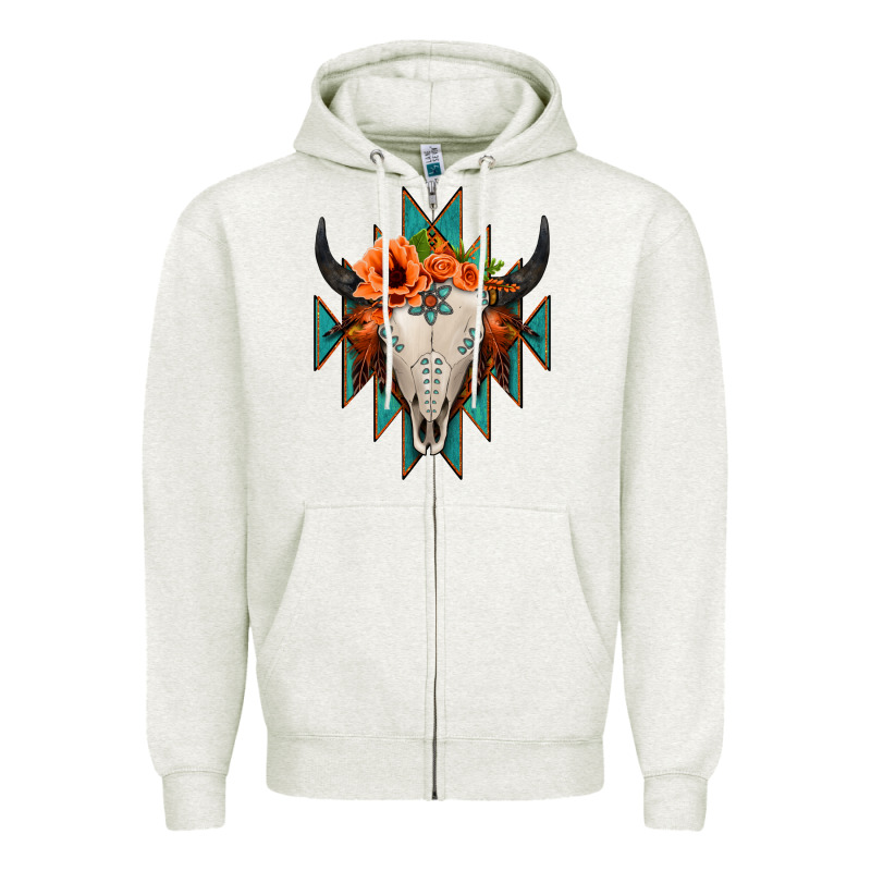 Aztec Turquoise Bull Skull Zipper Hoodie by Jasminsmagicworld | Teevron