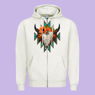 Aztec Turquoise Bull Skull Zipper Hoodie Designed By Jasminsmagicworld