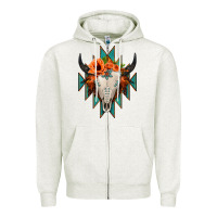 Oatmeal Heather Aztec Turquoise Bull Skull Zipper Hoodie - Jasminsmagicworld