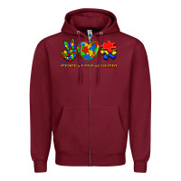 Burgundy Peace Love Autism Zipper Hoodie - Jasminsmagicworld