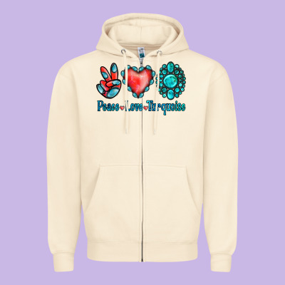 Peace Love Turquoise Zipper Hoodie Designed By Jasminsmagicworld
