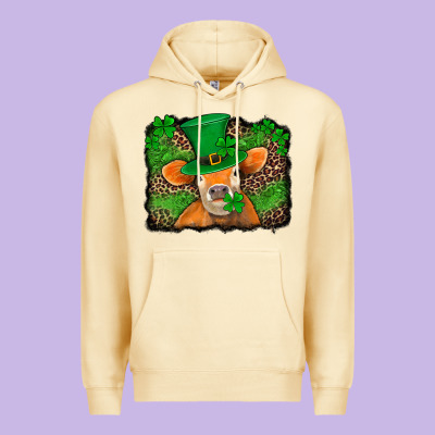 St Patricks Orange Cow With Leopard Background Premium Hoodie Designed By Jasminsmagicworld