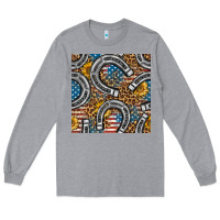 Heather Grey American Flag Horseshoe Deamless Pattern Long Sleeve Tee - BundleAndBundleShop
