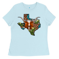 Baby Blue longhorn texas map Ladies Tee - AdoDesignShop