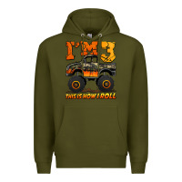 Army Green i'm three this is how i roll monster truck birthday Premium Hoodie - Jasminsmagicworld