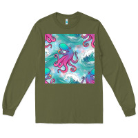 Army Green ocean waves octopus seamless pattern Long Sleeve Tee - BundleAndBundleShop