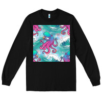 Black ocean waves octopus seamless pattern Long Sleeve Tee - BundleAndBundleShop