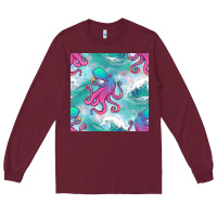 Burgundy ocean waves octopus seamless pattern Long Sleeve Tee - BundleAndBundleShop