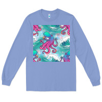 Colony Blue ocean waves octopus seamless pattern Long Sleeve Tee - BundleAndBundleShop