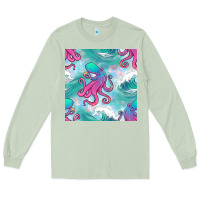 Matcha ocean waves octopus seamless pattern Long Sleeve Tee - BundleAndBundleShop