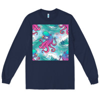 Navy ocean waves octopus seamless pattern Long Sleeve Tee - BundleAndBundleShop