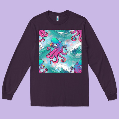 Ocean Waves Octopus Seamless Pattern Long Sleeve Tee Designed By Bundleandbundleshop