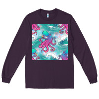 Plum ocean waves octopus seamless pattern Long Sleeve Tee - BundleAndBundleShop