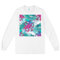 White ocean waves octopus seamless pattern Long Sleeve Tee - BundleAndBundleShop
