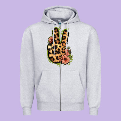 Leopard Floral Peace Sign Zipper Hoodie Designed By Jasminsmagicworld
