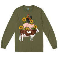 Army Green western farm life cow pig rooster with sunflowers Long Sleeve Tee - Artiststas