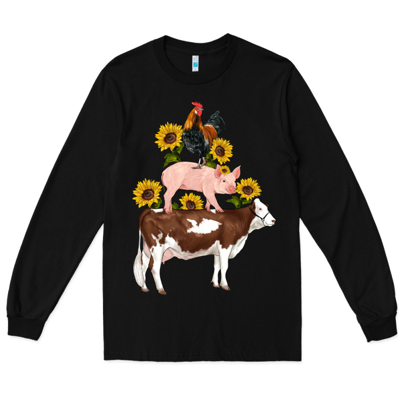 Western Farm Life Cow Pig Rooster With Sunflowers Long Sleeve Tee by Artiststas | Teevron