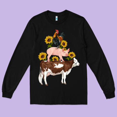Western Farm Life Cow Pig Rooster With Sunflowers Long Sleeve Tee Designed By Artiststas