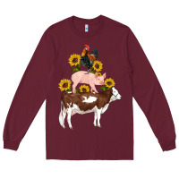 Burgundy western farm life cow pig rooster with sunflowers Long Sleeve Tee - Artiststas