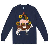 Navy western farm life cow pig rooster with sunflowers Long Sleeve Tee - Artiststas