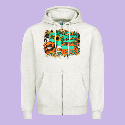 Somewhere Between Whiskey And Jesus Zipper Hoodie Designed By Jasminsmagicworld